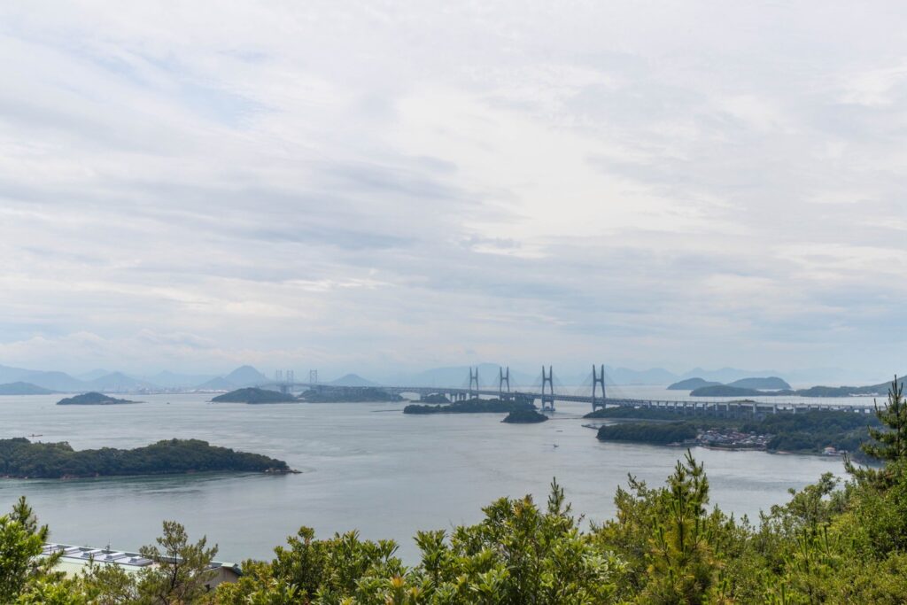 鷲羽山から瀬戸内海と瀬戸大橋を眺めている写真